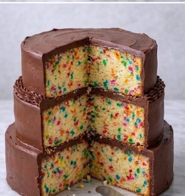 🎂 Funfetti Layer Cake with Chocolate Frosting (Soft, Colorful & Celebration-Ready)