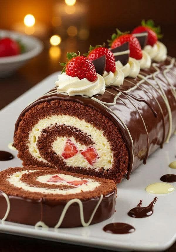 Chocolate Strawberry Swiss Roll Cake