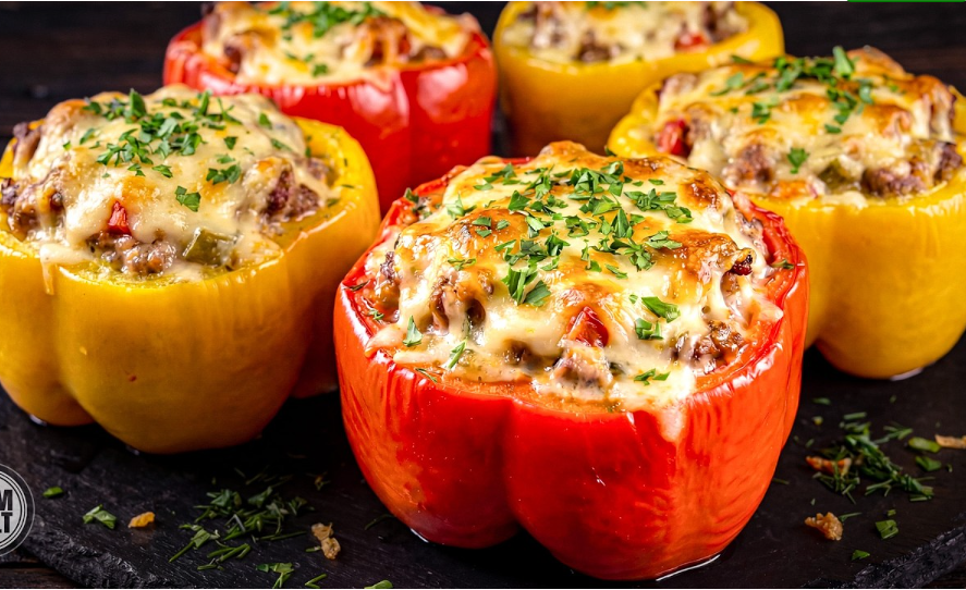 Stuffed Peppers with Italian Sausage, Mushrooms & Cheesy Mashed Potato Topping